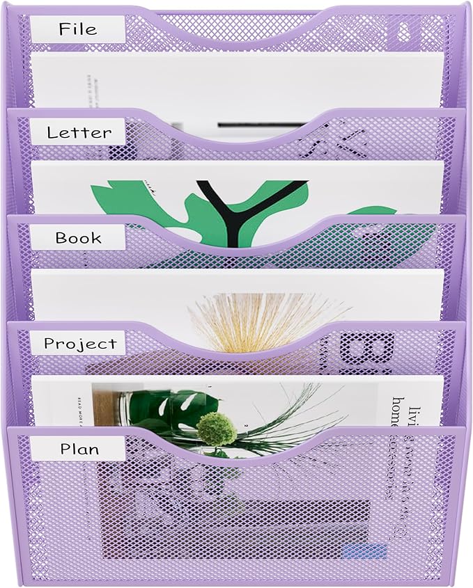 EasyPAG Wall File Organizer 5 Tier Hanging Paper Folder Holder, Zero Assembly Metal Mesh Wall Mounted Mail Organizer for Office Home Classroom Narrow Spaces, Puple - Image 6