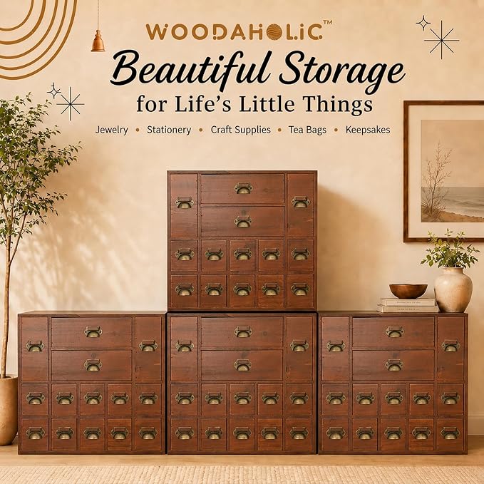 56-Drawer Apothecary Cabinet, Stackable & Modular Vintage Library Card Catalog Organizer, Solid Wood Storage Box with Brass Pulls & Label Holders for Trading Cards, Beads, Stickers & Hardware - Image 6