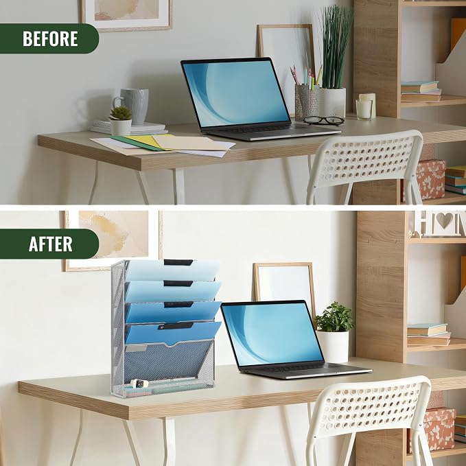 6 Tier Mesh Hanging Wall File Organizer, Desk Vertical Mail Paper Document Folder Holder Rack with Bottom Tray and Nametag Label for Office Home School, Gray - Image 5
