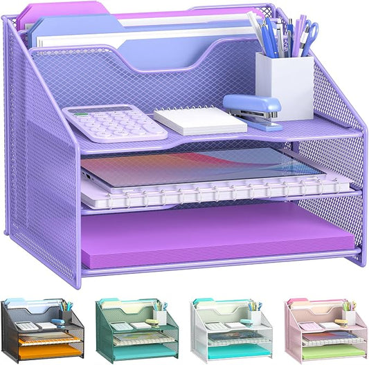 Samstar Purple Desk File Organizer, Mesh Letter File Folder Holder with 3 Paper Trays and 2 Vertical Upright Section, for Office Supplies, Desk Accessories & Workspace, Purple by Samstar
