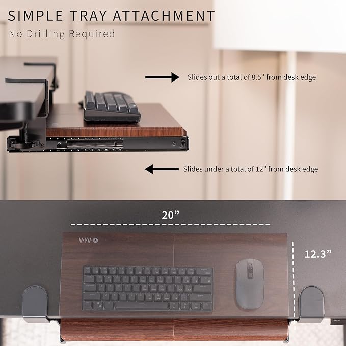 VIVO Small Keyboard Tray, Under Desk Pull Out with Extra Sturdy C Clamp Mount System, 20 (26 Including Clamps) x 11 inch Slide-Out Platform Drawer, Dark Walnut Top, Black Frame, MOUNT-KB05ES-D | Keyboard Tray for Typing, Slide Out Platform, Extra Sturd... - Image 6