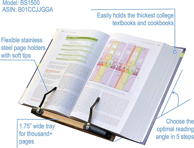 BS1500 11.8x8.5 Portable Adjustable Foldable Bookstand Holder for Reading Hands Free Large Thick Heavy Textbooks Cookbooks Tablets - Image 2