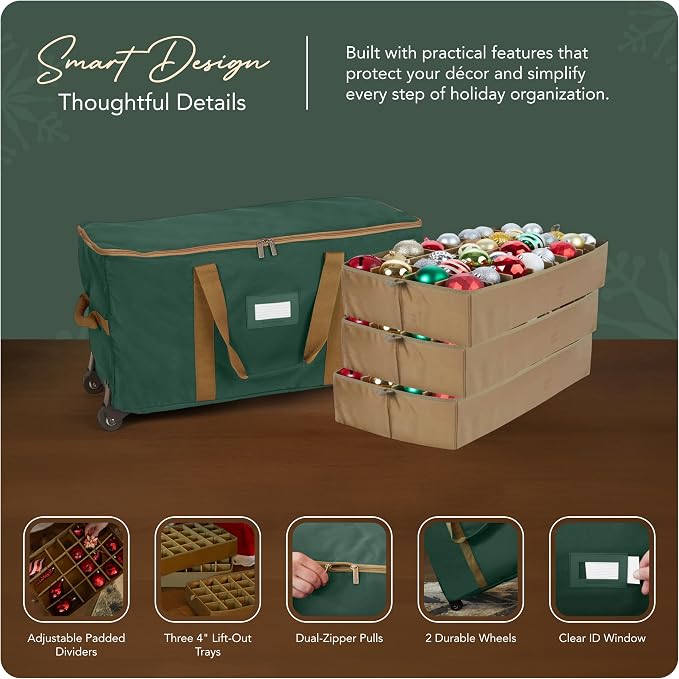Covermates Keepsakes Rolling Adjustable Ornament Storage Bag – Heavy-Duty Polyester, FlexGrid Trays & Padded Dividers – Protective Holiday Organizer with Wheels, Handles & ID Window, Green - Image 4