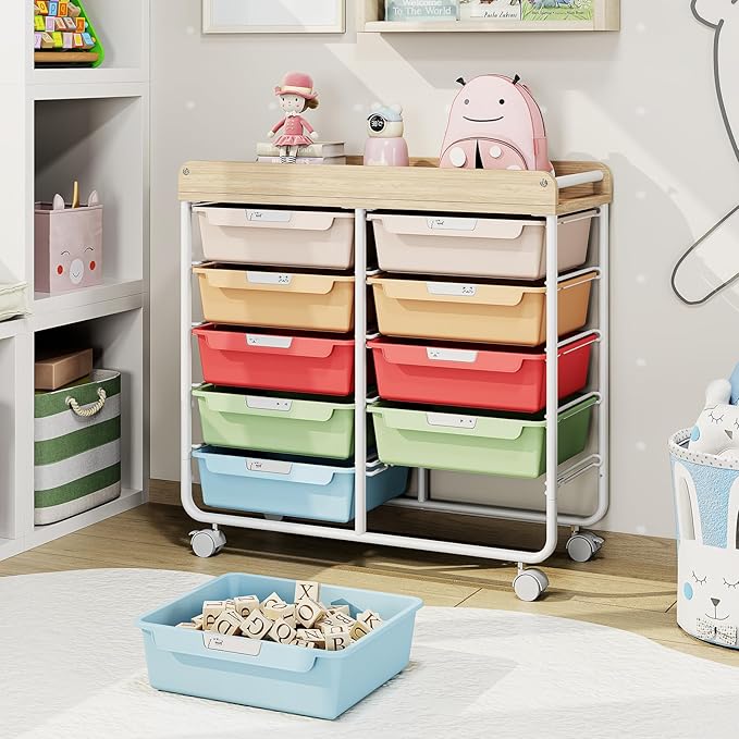 10 Drawer Rolling Storage Cart with Wood Top for Classroom Crafts Colorful | Easy Setup, Large Capacity, Sturdy Build, Lockable Mobility, For office, classroom and home supplies - Image 2