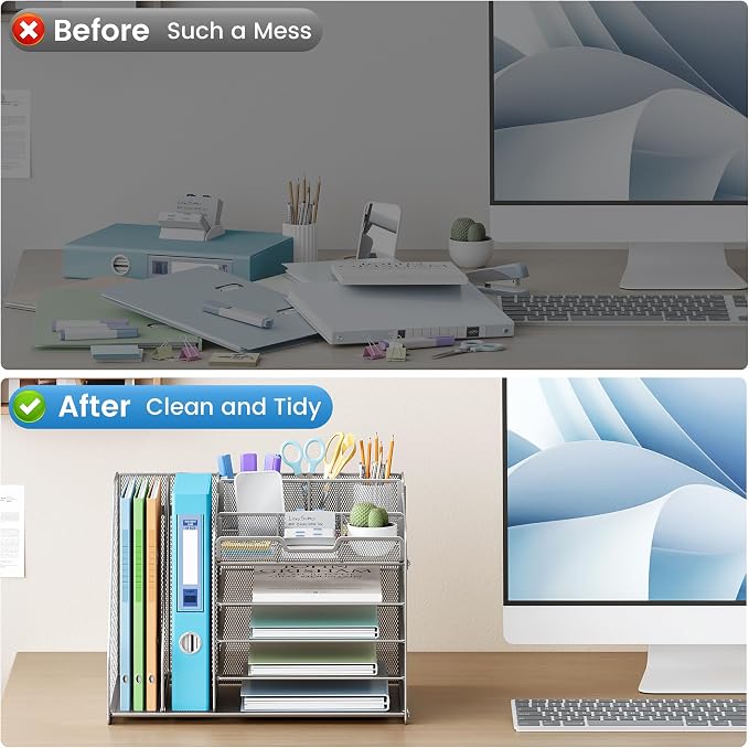 Lavatino 5-Tier Metal Mesh Desk Organizer with 2 File Holders & 7 Customizable Compartments | Paper Letter Tray for Office or Home Desk Storage | Keep Workspace Supplies Neat & Organized, Silver - Image 3