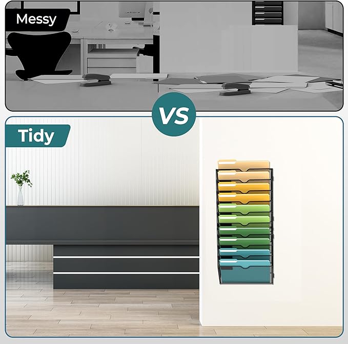 10 Tier Wall File Organizer, Hanging Wall Mounted Mail Organizer with Label Slots, Metal Mesh File Holder Magazine Rack for Office, Home, School or Classroom, Black - Image 5
