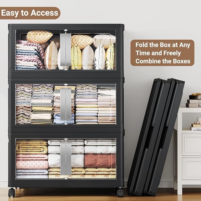 BROVIEW 160QT Stackable Storage Bins with Lids, 40Gal Extra Large Collapsible Storage Box with Wheel, Plastic Storages with Clear Door Open Front for Home Kitchen Garage, Black-1pack - Image 6