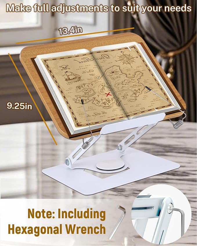 ASIEIT Book Stand for Reading, Adjustable Book Holder with 360° Rotating Base & Elastic Page Clips, Foldable Cookbook Stand, Portable Display Stand for Bible, Recipe, Magazine, Tablet, Laptop, Natural - Image 2
