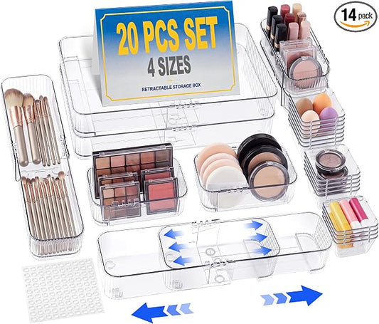 Aneco 20 Pieces Extendable Clear Drawer Organizer Adjustable Vanity Storage Box 4-Size Desk Drawer Divider Acrylic Storage Bins for Makeup, Cosmetic, Jewelries, Bedroom Kitchen Utensils Gadgets by Aneco