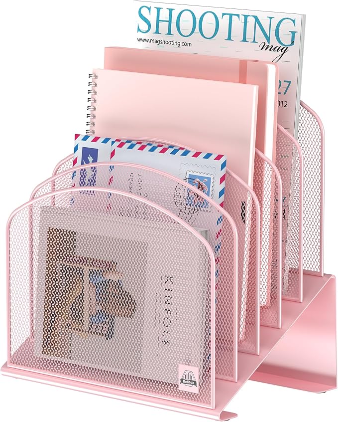Delifox Inclined Desk File Organizer,Vertical File Folder Holder Stand Metal Rack File Sorter for Office Classroom Desktop Organization (1, Pink, 5) by Delifox