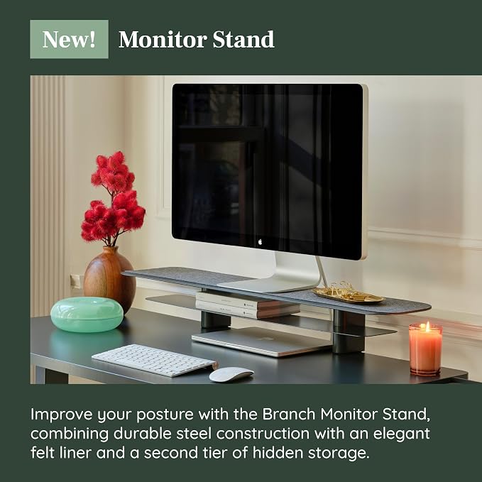 Branch Monitor Stand, Small Monitor Riser Second Tier Storage | Elegant, Durable Powder-Coated Steel Stand with Soft Felt Liner, Charcoal - Image 2