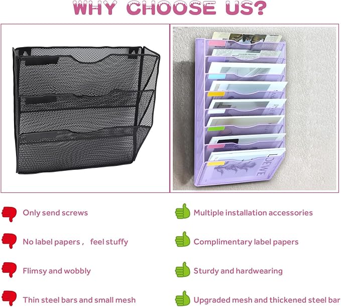 8 Pockets Mesh Wall File Holder Organizer Office Hanging File Folder Magazine Rack, Nametag Label Hooks Set Included (Purple) - Image 4