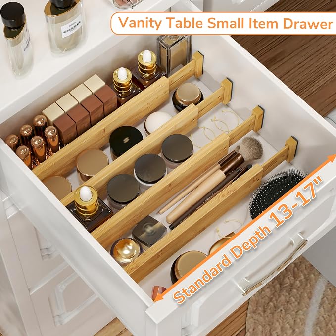 BAMEOS Bamboo Expandable Drawer Dividers – Fits 13.3"–19" Drawers, 2" High, Set of 4 | Spring-Loaded Bamboo Separator for Kitchen Island, Bathroom Vanity & Dresser Drawers - Image 5
