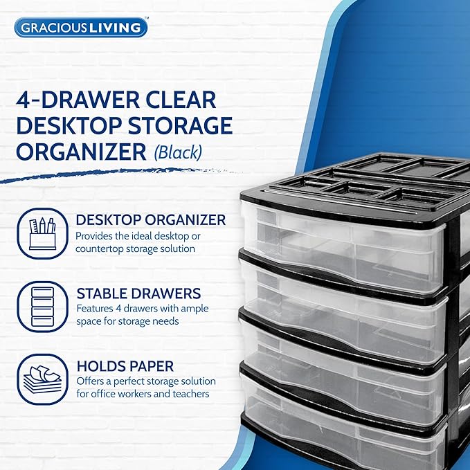Gracious Living 4-Drawer Desktop and Countertop Storage Organizer Drawer Set, Plastic Office Desk Organizer, Black/Clear - Image 4