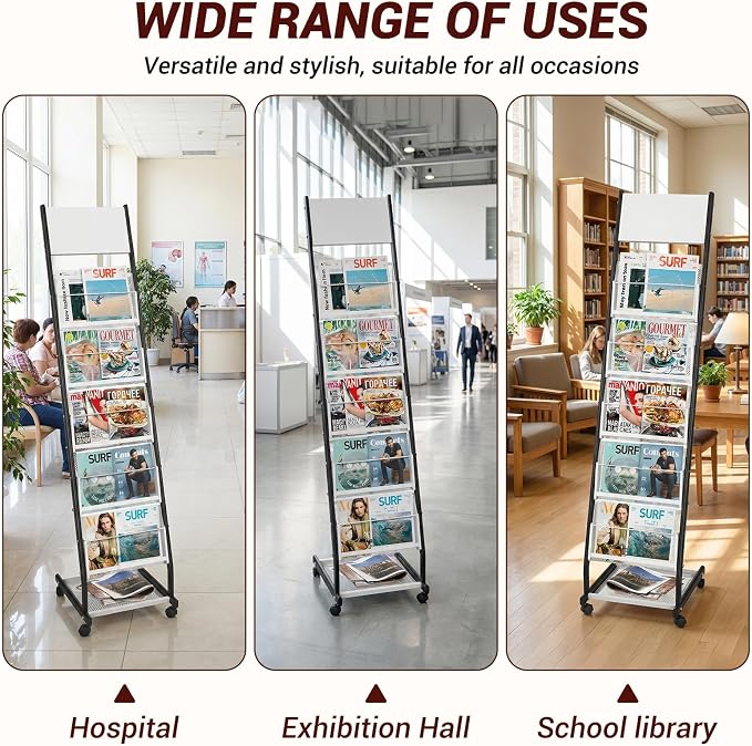 Floor Standing Magazine Holder with 5 Pockets, Journals, Brochure & Literature Display Holder for Trade Shows, Exhibitions, Office, and Shopping Malls, Black - Image 5