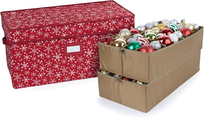 Covermates Keepsakes Adjustable Ornament Storage Box – Heavy-Duty Polyester, Padded Dividers & FlexGrid Trays – Protective Holiday Organizer with Stackable Walls & Label Window, Red Snowflake by Covermates