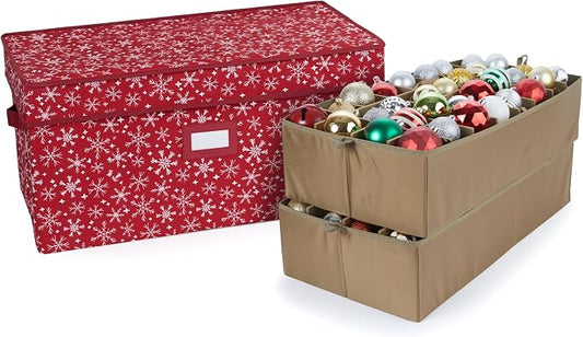 Covermates Keepsakes Adjustable Ornament Storage Box – Heavy-Duty Polyester, Padded Dividers & FlexGrid Trays – Protective Holiday Organizer with Stackable Walls & Label Window, Red Snowflake by Covermates