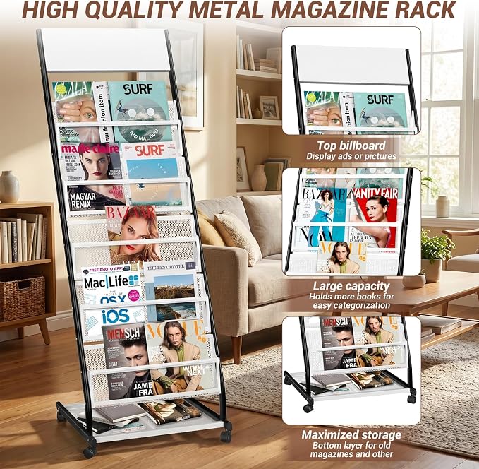 Floor Standing Magazine Rack 5 Layer with Wheels, Brochure Display Stand Large Newspaper Stand for Trade Show Exhibitions Office (Width 18.7 IN) - Image 3