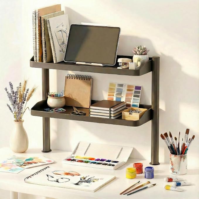 Clamp on Desk Shelf, 17in 2-Tier Office Desk Shelves Organizer, Small Shelf for Top of Desk with Headphone Holder and Hooks, Desktop Storage Rack for Home Workspace, Study Rooms, Gaming Accessories - Image 2