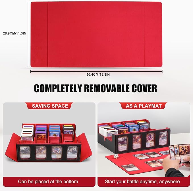 Kabinka Trading Card Storage Box with Commander Display, 4-Row Deck Case with Removable Lid; 2400+ Card Deck Box for MTG TCG Sports Card, 4 Top Loaders, 4 Stoppers, 24 Dividers,1 Dice Bag (Black Red) - Image 5