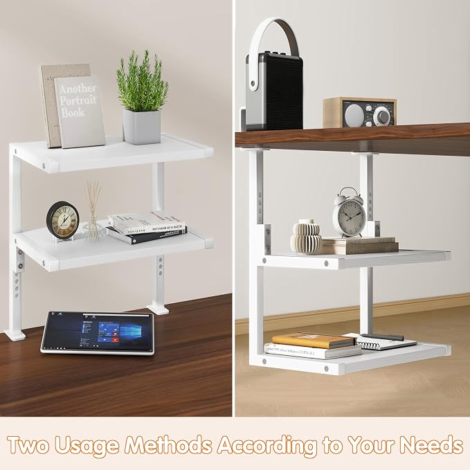IBUYKE Clamp on Desk Organizer Shelf,Desk Extender Shelves TMZ007W | 12.9 inches,2-Tier Adjustable Storage Shelves, Above or Below Desk, for Desktop Accessories,White - Image 4
