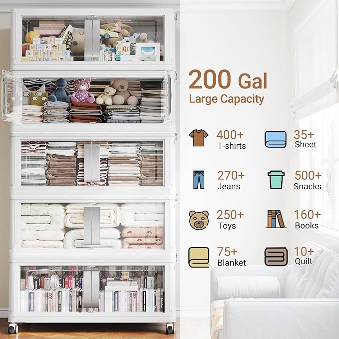 BROVIEW 800QT Stackable Storage Bins with Lids, 200Gal Extra Large Collapsible Storage Box with Wheel, Plastic Storages with Clear Door Open Front for Home Kitchen Garage, White-5pack(5 lids) - Image 8