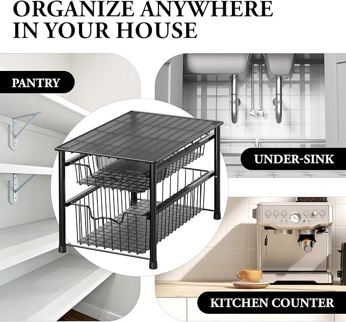 Simple Houseware Stackable Sliding Basket Organizer Drawer, Black, 2-Tier - Image 8