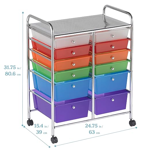 ECR4Kids 12-Drawer Everyday Mobile Storage Utility Cart, Mobile Organizer, Assorted - Image 3