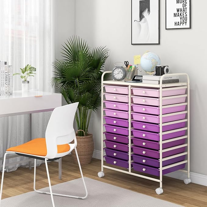 Giantex 20 Drawers Rolling Cart, Mobile Storage Drawer Cart, Classroom Organizer Cart for Office School Supplies Tools Scrapbook Paper Craft Small Printer, Utility Cart on Wheels, Gradient Purple - Image 9