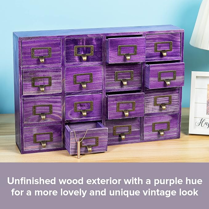 Purple 16-Slot Wooden Drawer Unit - Country Style Desk Organizer Box - 20"x3.6”x14” Wooden Storage Box w/ 16 Drawers - Countertop Drawers w/Label Holder & Handle - Slim 4-Level Organizer - Image 5