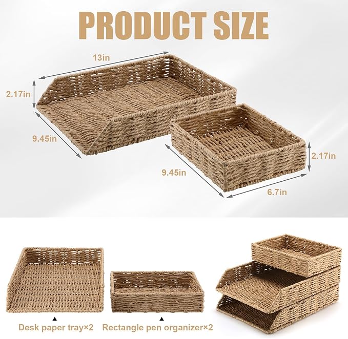 3 Pack Paper Rope Woven Stackable Desk Organizer Letter Tray, Primary Color Tabletop Desk Basket for Storage Paper Letter Folders Notebooks Copy Print, Workspace Holder - Image 2
