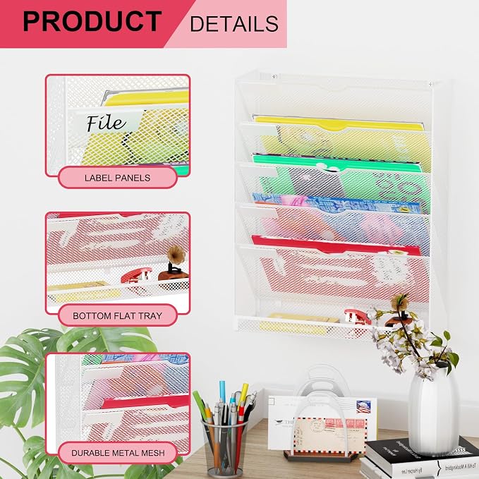 Hanging Wall File Organizer 6 Tier Wall Mounted File Holder Document Wall Organizer Magazine Organization for Office Home, White - Image 4