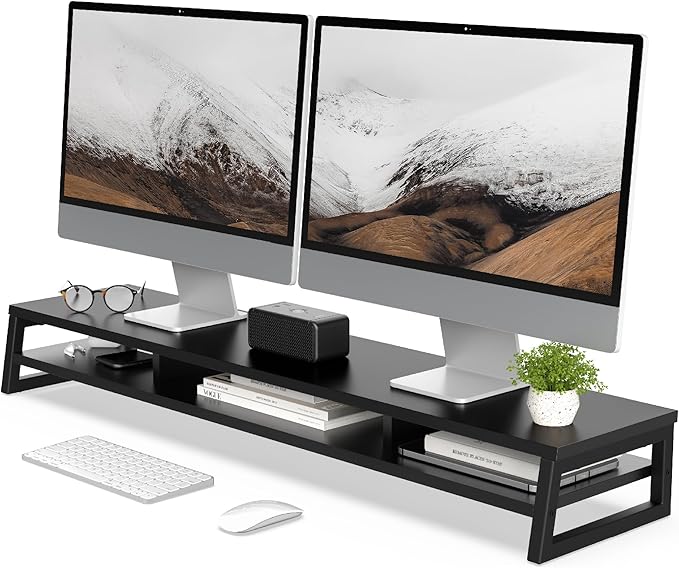 Fenge Dual Monitor Riser for Desk, Open Shelf with 3 Storage Compartments | 42.5in Computer Monitor Stand, 2-Tier Desk Shelf for Top of Desk,One-Piece Panel, fit Ultrawide Monitor, PC, Laptop, Black by Fenge