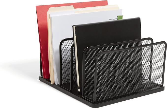 TRU RED Wire Mesh File Organizer, 5‑Compartment, Matte Black – Vertical Desktop Sorter for Files, Folders & Mail by TRURED
