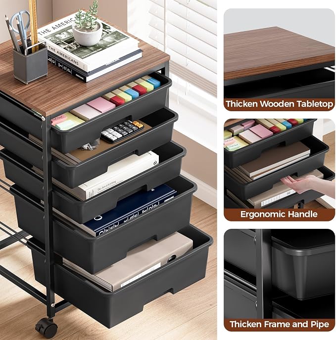 SYKIARIOL 5-Tier Rolling Cart with Drawers with Wooden Top, Black | Mobile Craft Storage Drawer Cart Trolley for Home Office, Classroom, Craft Room & Kid Room - Image 8