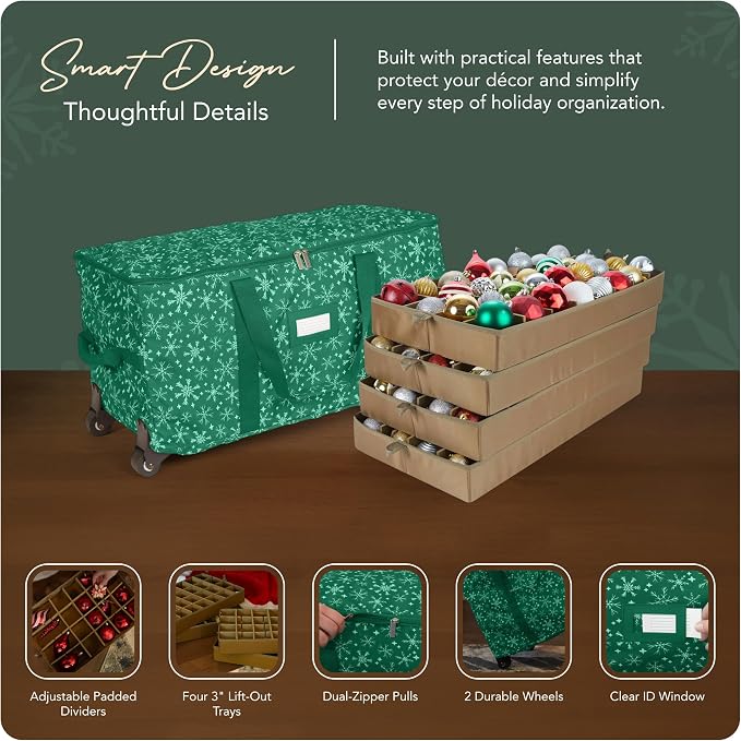 Covermates Keepsakes Rolling Adjustable Ornament Storage Bag – Heavy-Duty Polyester, FlexGrid Trays & Padded Dividers – Protective Holiday Organizer with Wheels, Handles & ID Window, Green Snowflake - Image 4