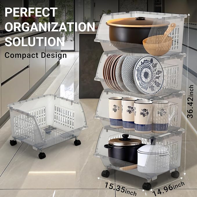 Large Stackable Storage Bins Open Front with Wheels, 4 Pack - Light Grey | Easy Assembly, Sturdy Plastic, Open Front Access, Smooth Rolling Wheels, Stackable, Large Capacity Storage - Image 2