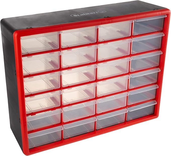 24 Plastic Drawers Organizer - Compartment Storage - Desktop and Wall Mount Container for Hardware, Parts, Crafts, Beads, and Tools by Stalwart (Red) by Stalwart