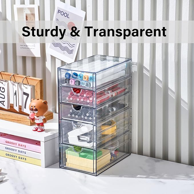 Prsildan Hair Accessories Organizer Acrylic Drawer with 5 Small Drawers | Clear, For Bathroom Vanity Office Desk, Jewelry Makeup Storage - Image 7