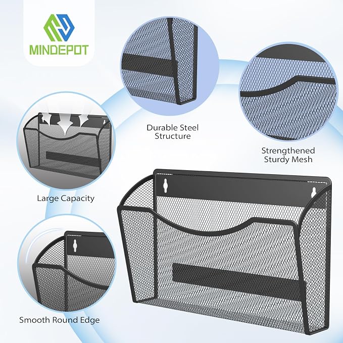 MINDEPOT Magnetic Wall File Organizer, Hanging File Holder, 6 Pack, Black | Heavy Duty Iron, Powerful Magnet, Metal Mesh Wall Mount, Single Pocket, for Office School Classroom Home, Letter A4 Size - Image 4