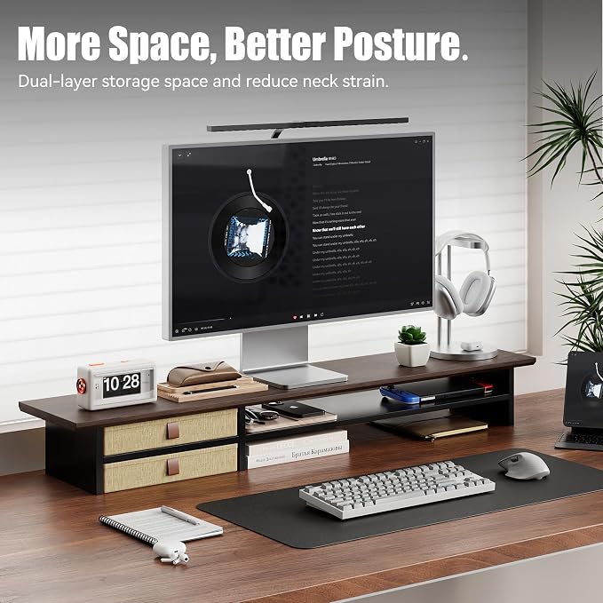 FENSULN Dual‑Tier Monitor Stand Riser with Drawers, Desktop Organizer Shelf Storage for Computer Screen 2 Monitors, Supports for PC Computer Monitor, Printer, Heavy TV Riser Brown and Black - Image 2
