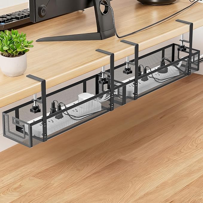 Cable Management, 15.75" Under Desk Cable Management Tray No Drill | Heavy Duty Metal Cord Organizer, Under Desk Wire Management for Gaming/Standing Desk, Clamp for Home Office, 2 Pack, Black by GZOKMOG