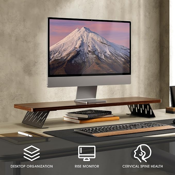 Fenge Monitor Stand Riser, Wooden & Metal Desk Shelf Organizer, Brown | 31.5in Computer Stand, Single Monitor Setup, for Compact Work Station, Multifunctional Monitor Shelf for Laptop, PC, Printer - Image 2