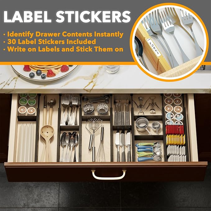 SpaceAid Bamboo Drawer Dividers with Inserts and Labels, Kitchen Adjustable Drawer Organizers, Expandable Organization for Home, Office, Dressers, 7 Dividers with 15 Inserts (17"-22" Black) - Image 3