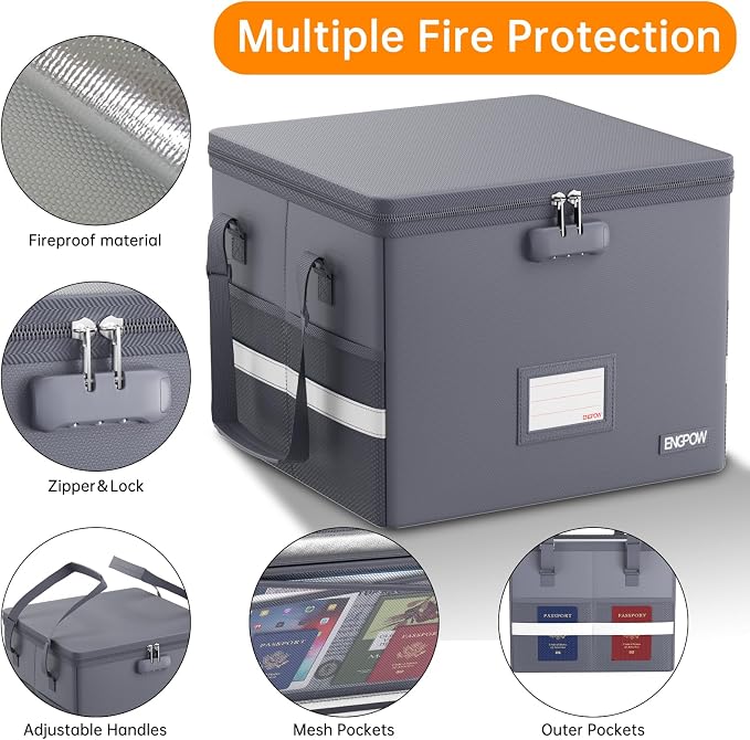 ENGPOW 5200°F File Box Fireproof Document Box with Lock,Heat Insulated Collapsible File Storage Organizer Box with Handle,Portable Home Office File Cabinet for Hanging Letter/Legal Size Folder, Gray - Image 5