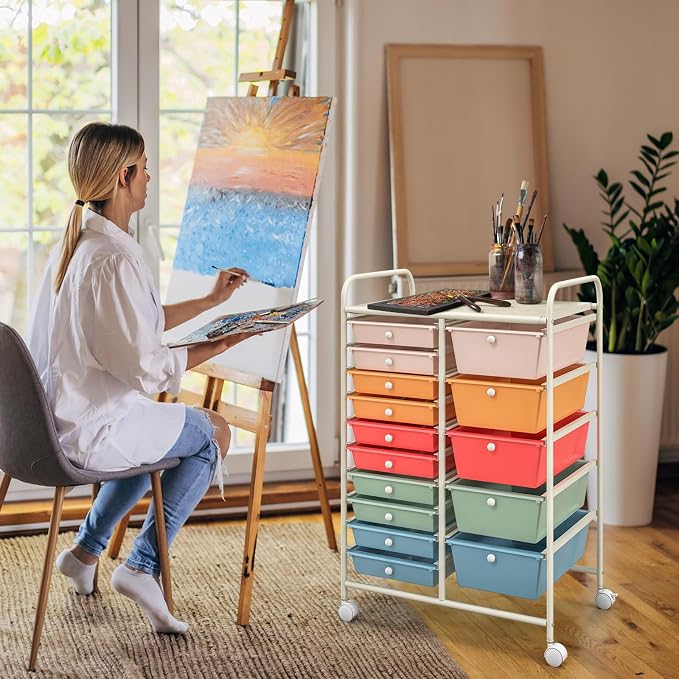 GOFLAME 15-Drawer Rolling Storage Cart, Craft Storage Cart with Removable Drawers & Lockable Wheels, Art Cart Supply Storage Organizer for Home Office Classroom, Macaron Color - Image 8