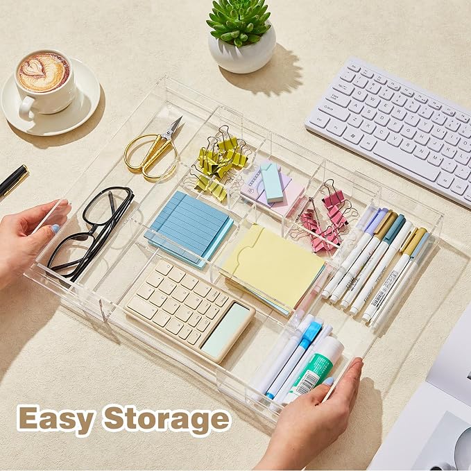Briwooody Clear Acrylic Drawer Organizer Expandable,8 Compartments,Large | 9'' up to 18'' x 12'' x 2.1'' Desk Drawer Organizer Trays Adjustable with Desk Accessories for Makeup Office Bathroom - Image 5