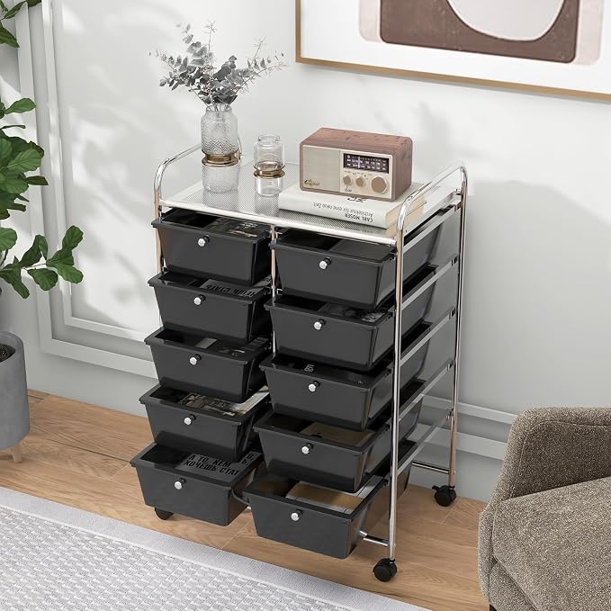 Moccha Rolling Storage Cart with 10 Drawers - Under Desk Storage Drawers with wheels for Craft Art Supply Paper Salon, Storage Drawers Organizer for Classroom Office Movable Utility Cart - Image 2