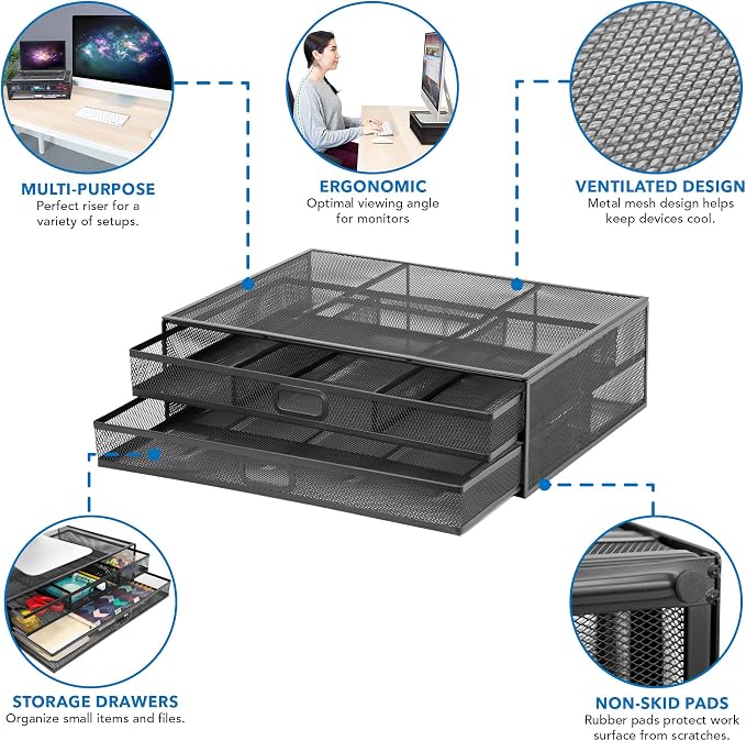 MOUNT-IT! Computer Monitor Stand With Drawers, Metal Mesh Riser and Organizer for Laptops and Computer Screens, Laptop, and Printer Accessories and Office Supplies (Black) - Image 5