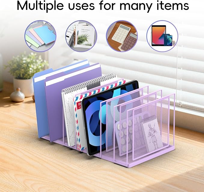 File Organizer for Desk, 7-Section Vertical File Sorter, Paper Holder Organizer Standing Metal File Folder for Office Home Classroom, Purple - Image 4